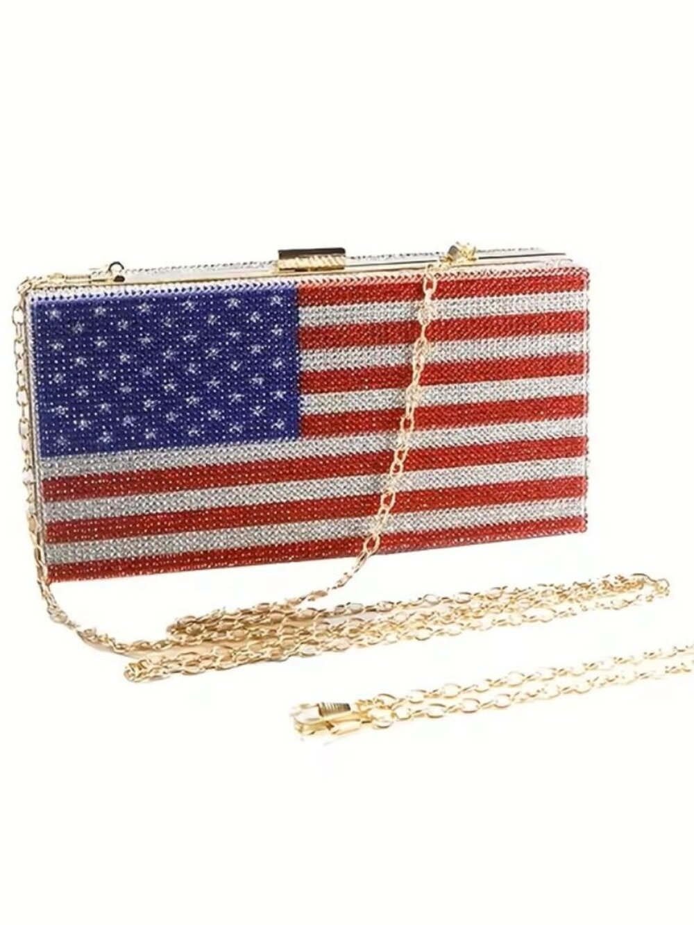 American Flag Rhinestone Evening Clutch Purse Crossbody Patriotic USA Handbag